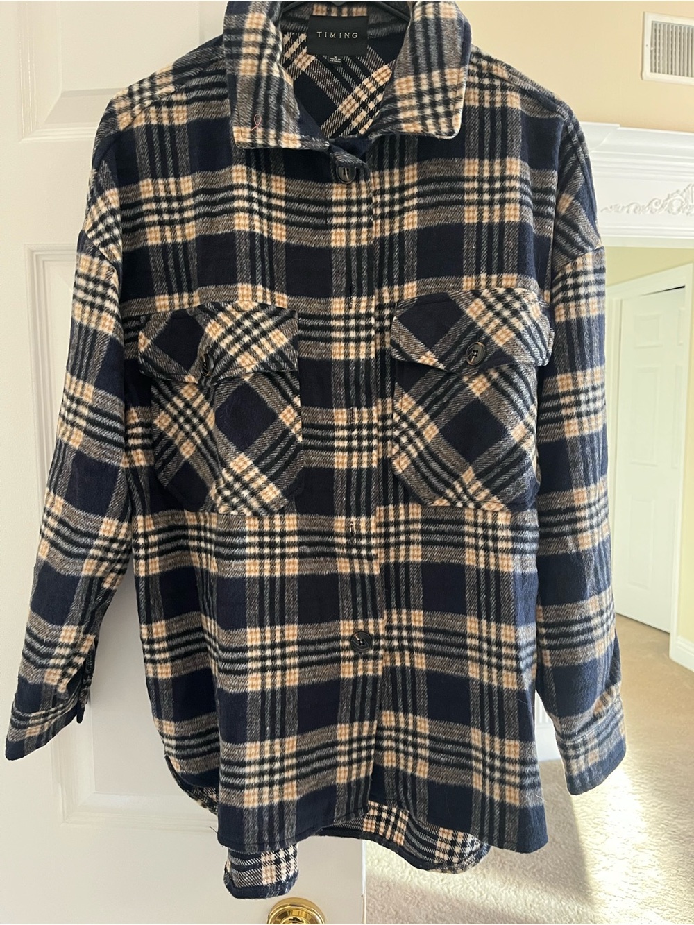 TIMING Navy and Cream Plaid Utility Shacket